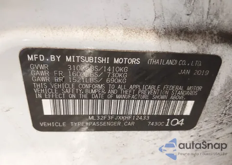 2019 Mitsubishi Mirage G4 Es z USA, uszkodzony, nr VIN ML32F3FJXKHF12433